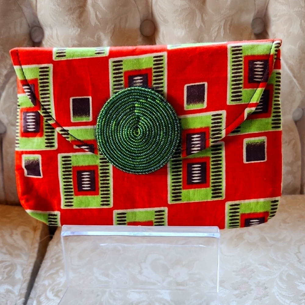 African Vibrant Orange and Green Geometric Clutch‎ Made In Kenya